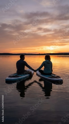 Couple paddleboarding on calm lake during sunset.