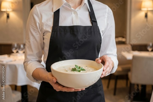 Waiter in black apron and white shirt holding bowl of Okroshka, warm expression in cozy restaurant. concept of inviting atmosphere featuring cold soup with kefir vegetables meat.