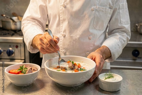 Chef in modern kitchen preparing Okroshka, cold soup with kefir, vegetables, meat. Concept of culinary art emphasizing freshness and creativity in food preparation.