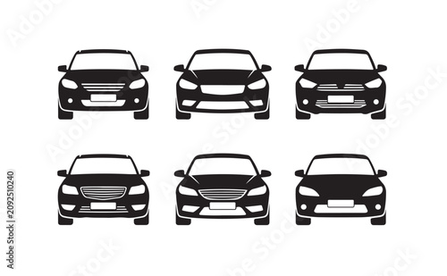Set of black car silhouettes from front view isolated on transparent background.