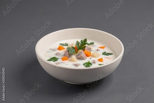 Okroshka in white bowl, creamy soup topped with meat, carrots, parsley. Concept of cold soup with kefir, vegetables, meat, vibrant colors on dark surface.