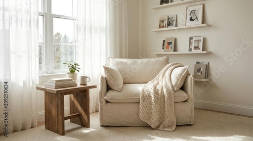 Cozy armchair with knit throw blanket in sunlit corner.