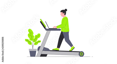 Flat Vector Illustration of a Woman Working on a Laptop While Walking on a Treadmill Desk, Representing Multitasking and Healthy Remote Work Lifestyle