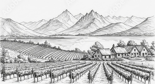 Vintage-style hand-drawn illustration of a picturesque vineyard landscape with majestic mountains, a serene lake, and rural farm buildings.