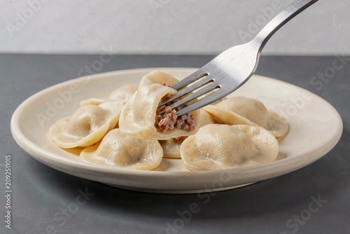 Plate of pelmeni with creamy sauce, minced meat, fork resting on edge. Concept of delicious dumplings with meat, pepper, sour cream against light grey background.