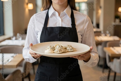 Waitress in black apron, white shirt, holding plate of pelmeni topped with sour cream. Concept of cozy restaurant atmosphere, dumplings with meat, pepper, sour cream. 