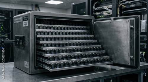 Secure storage server rack with open safe and rows of drives