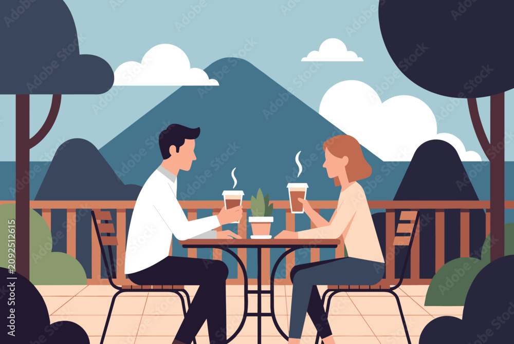 Obraz premium Happy couple enjoys hot drinks at a scenic terrace table with a majestic mountain peak in the background.