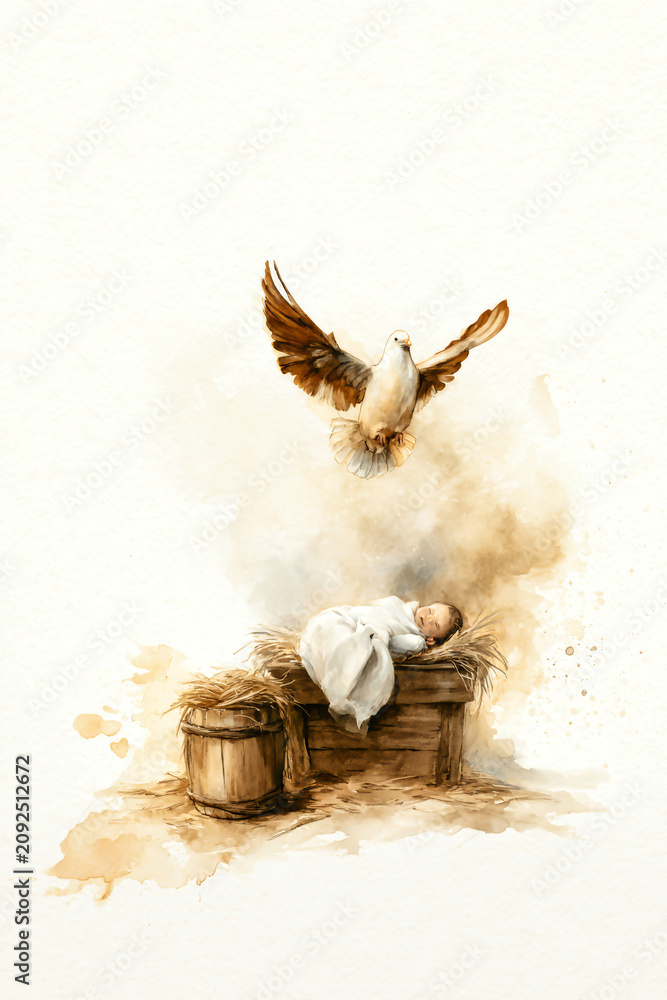 Fototapeta premium A white dove with brown wings flies down toward baby Jesus wrapped in white cloth, who lies in a hay-filled manger with a wooden barrel nearby