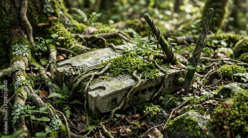 Weathered concrete block covered in moss in forest