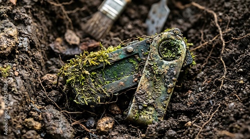 Weathered metal object covered in moss
