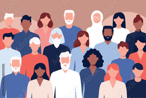 Large group of diverse people from different ethnic backgrounds and ages standing together, symbolizing multicultural unity and community.
