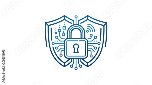 Photos Digital Security Shield with Circuitry Lock Icon.