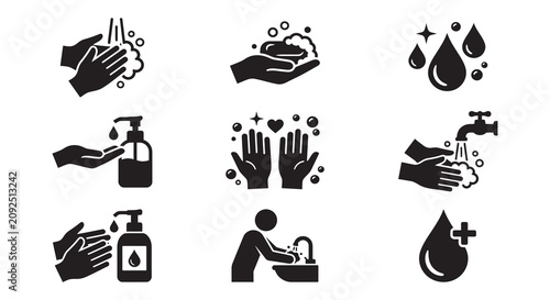 Handwashing Icons Featuring Soap Water And Hygiene Practices Silhouette