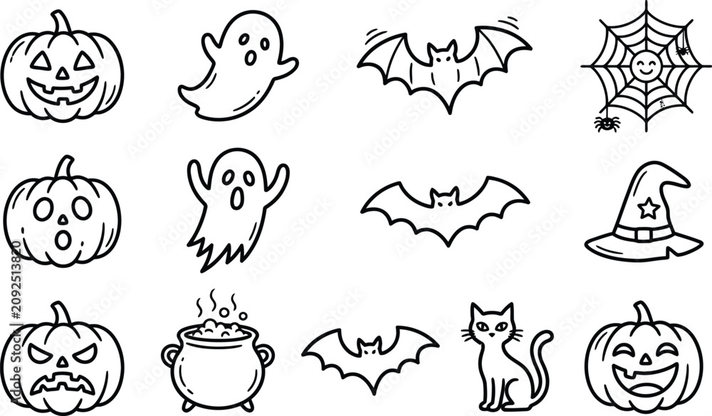 Fototapeta premium Halloween icons set including pumpkins ghosts bats and witch hat