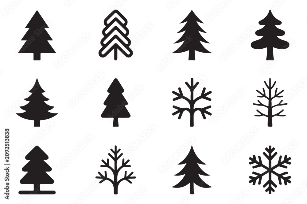 Obraz premium Stylized evergreen tree silhouettes and winter branch icons for festive holiday decorations.