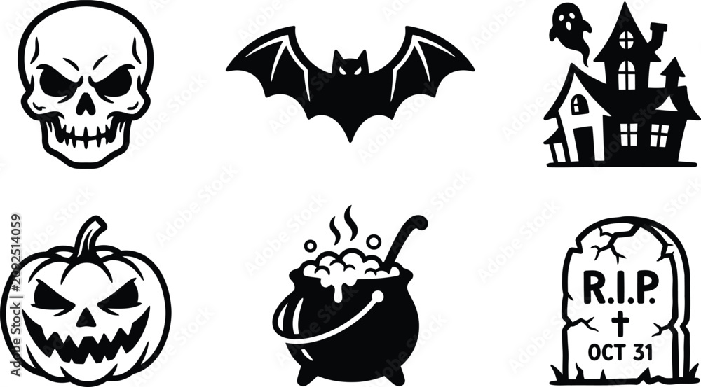 Fototapeta premium Halloween icons set including skull bat haunted house pumpkin cauldron and tombstone