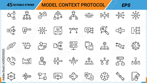 Bild auf Leinwand Model context protocol linear icon set with advanced data flow and system integration charts
