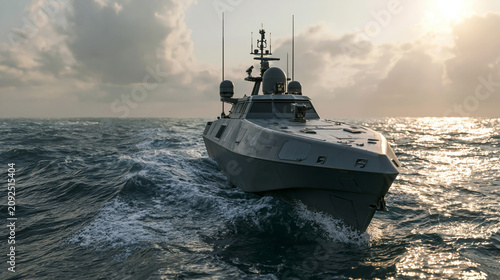 Military unmanned surface vessel equipped with radar systems patrolling tropical waters, cinematic maritime surveillance atmosphere