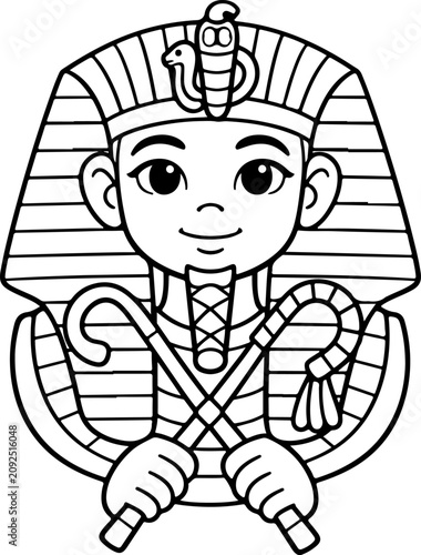 Le roi égyptien Toutankhamon, illustration dessinée à la main, style cartoon, à colorier pour les enfants