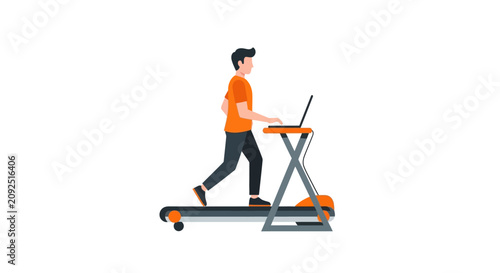 Man Working on Treadmill Desk Illustration - Multitasking and Healthy Remote Work Lifestyle Concept