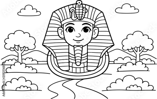 Le roi égyptien Toutankhamon, illustration dessinée à la main, style cartoon, à colorier pour les enfants