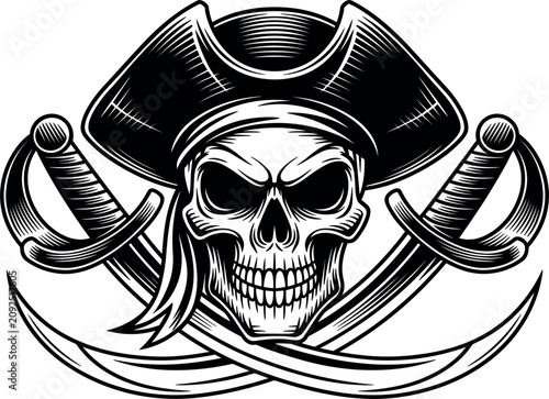 Photos Pirate skull vector emblem, vintage engraving illustration of captain with trico