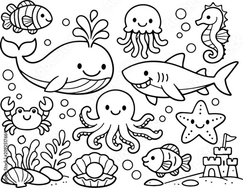 Illustration de la vie marine, aquarium, dessin au trait dessiné à la main, coloriage pour enfants