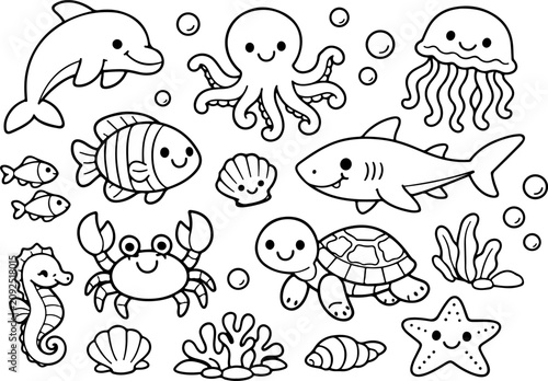 Illustration de la vie marine, aquarium, dessin au trait dessiné à la main, coloriage pour enfants