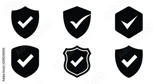 Shield With Check Mark Icons Flat Vector Illustration Set