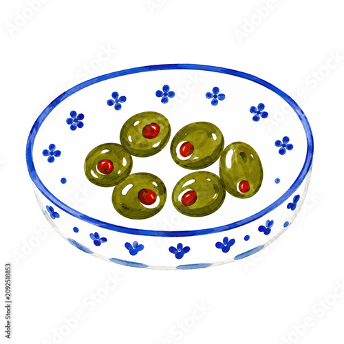 Green Olives in Ceramic Bowl Mediterranean Food Illustration for Summer Kitchen Designs