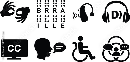 Disability accessibility and inclusion black silhouette vector icons set isolated on white background featuring sign language braille wheelchair hearing aid closed captioning symbols