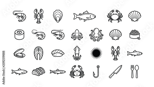 Tableau sur toile Seafood sushi ingredients and utensils icons including fish shellfish crustacean