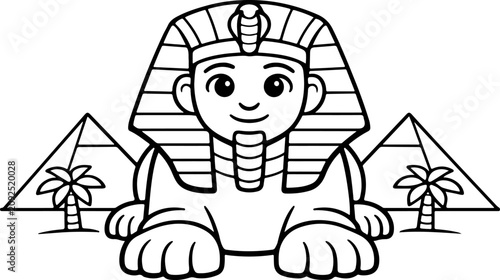 Sphinx de Gizeh et pyramides d'Égypte : illustration dessinée à la main, style dessin au trait, à colorier pour enfants