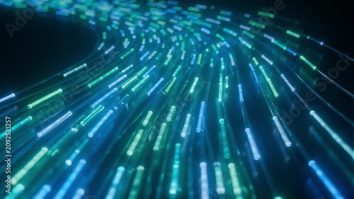 Fiber optic cables transmitting data with glowing blue and green light in motion animation footage