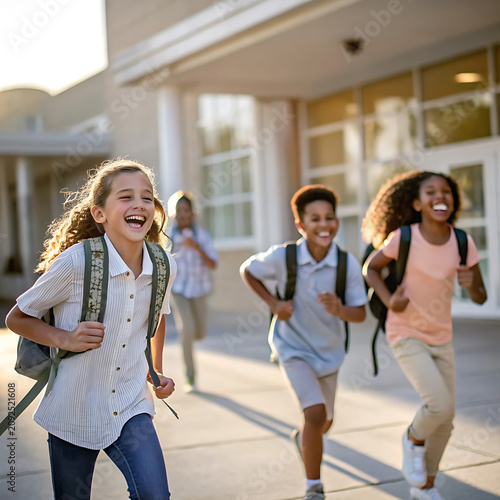 Happy school children running out of school building