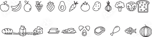 Grocery food and product categories line icon set,  Minimalist Monoline Food Product