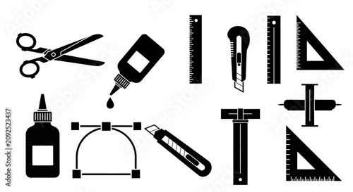 Black and white illustration of various office supplies with collection black office supply icons white background utility knife t square protractor