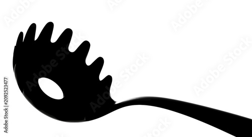 Foto Black kitchen slotted spoon on white background with spoon against accessory coo