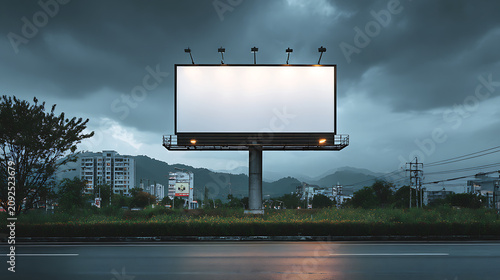create an empty billboard on a highway with mountains 