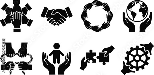 Teamwork and partnership connection black silhouette vector icons set isolated on white background