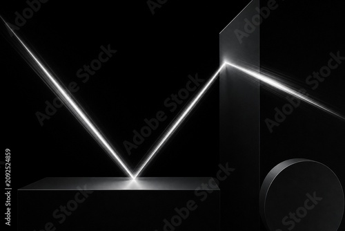 A streaking silver light trail on a dark background with geometric shapes.