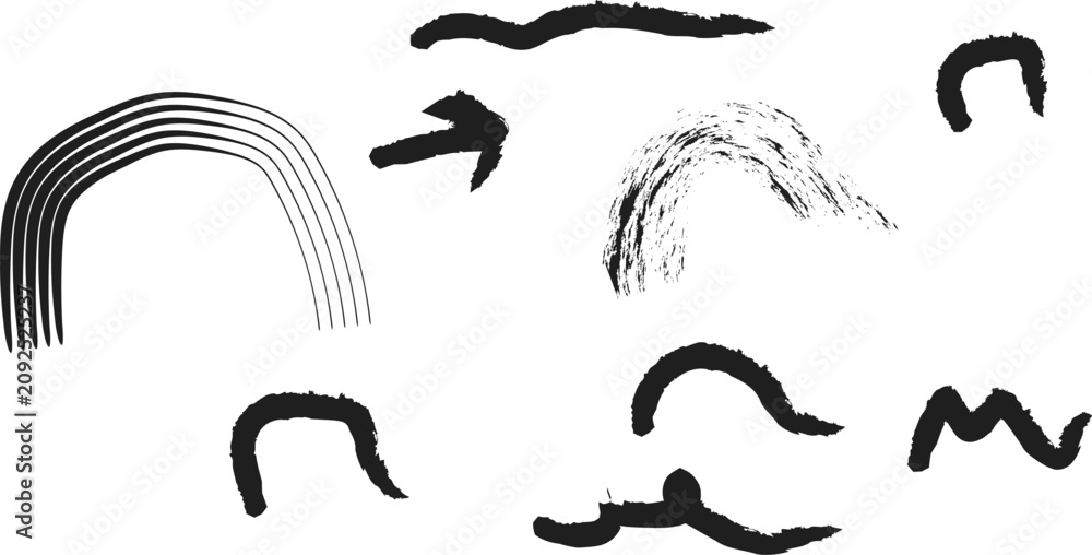 Obraz premium Collection of hand drawn charcoal strokes and abstract curved marks with charcoal abstract brushwork graphite monochrome elements composition artistic