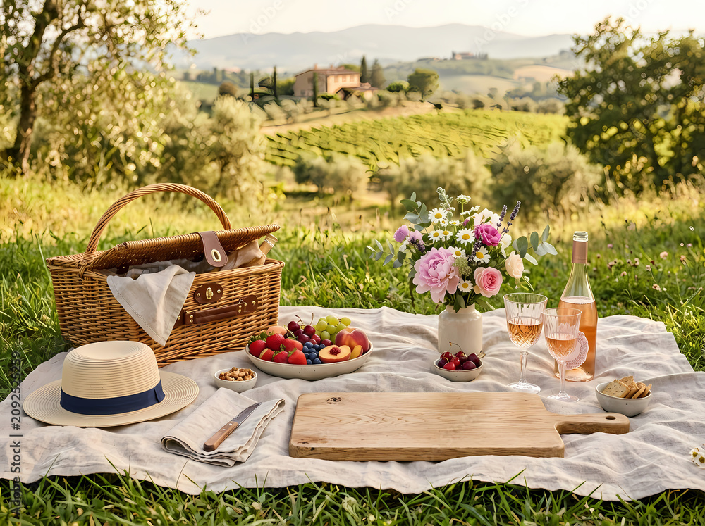 Fototapeta premium A serene outdoor picnic scene featuring a woven basket a straw hat fresh fruits a bouquet of flowers and rose wine set upon a white linen cloth Isolated on transparent background