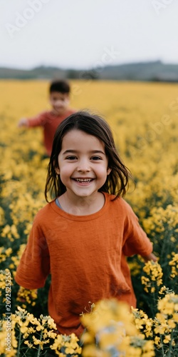 Smiling girl in yellow flower field portrait with warm sunlight for family background and seasonal spring banner or wallpaper use