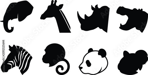 Canvas Print Set of wild animal head silhouettes featuring elephant, giraffe, rhino, hippo, z