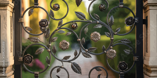 Fotografie Ornate iron gate, wrought iron fence, metal floral design, garden entrance
