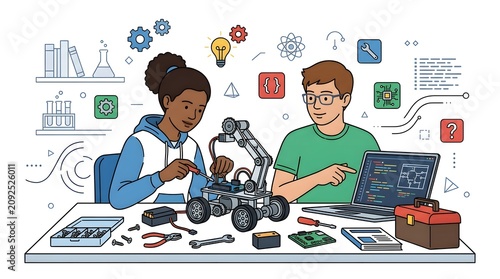 Two students build robot at workbench