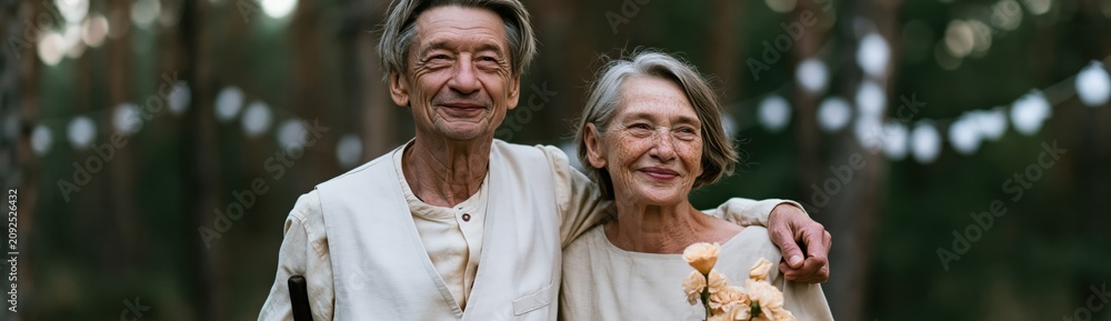 Fototapeta premium Portrait of a smiling senior couple at an outdoor wedding with string lights for romantic banner background and celebration design