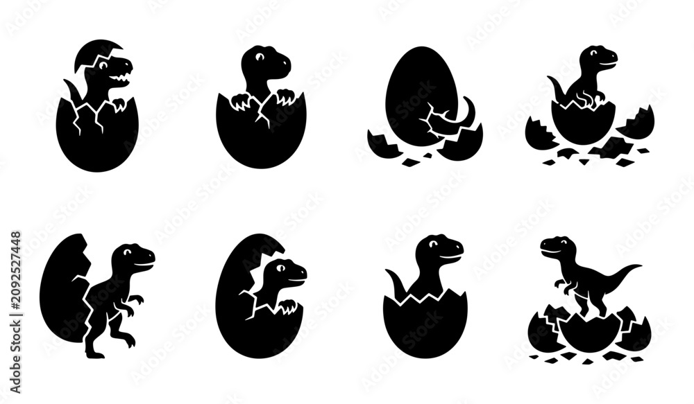 Fototapeta premium Dinosaur Egg Icons, Baby Dinosaurs Hatching, Prehistoric Vector Set, Cute Jurassic Creatures